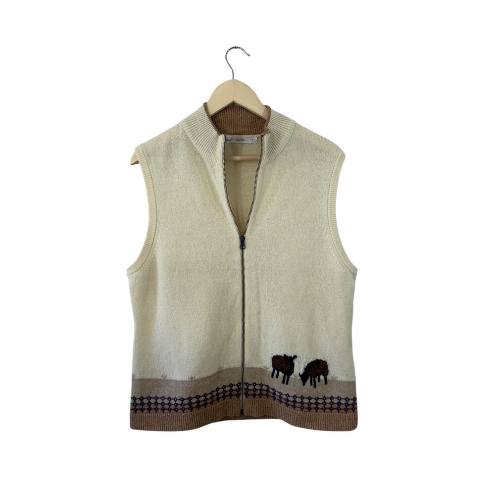 Woolrich Large Wool Sweater Vest Lamb Sheep Zip Sleeveless Cardigan Womens READ